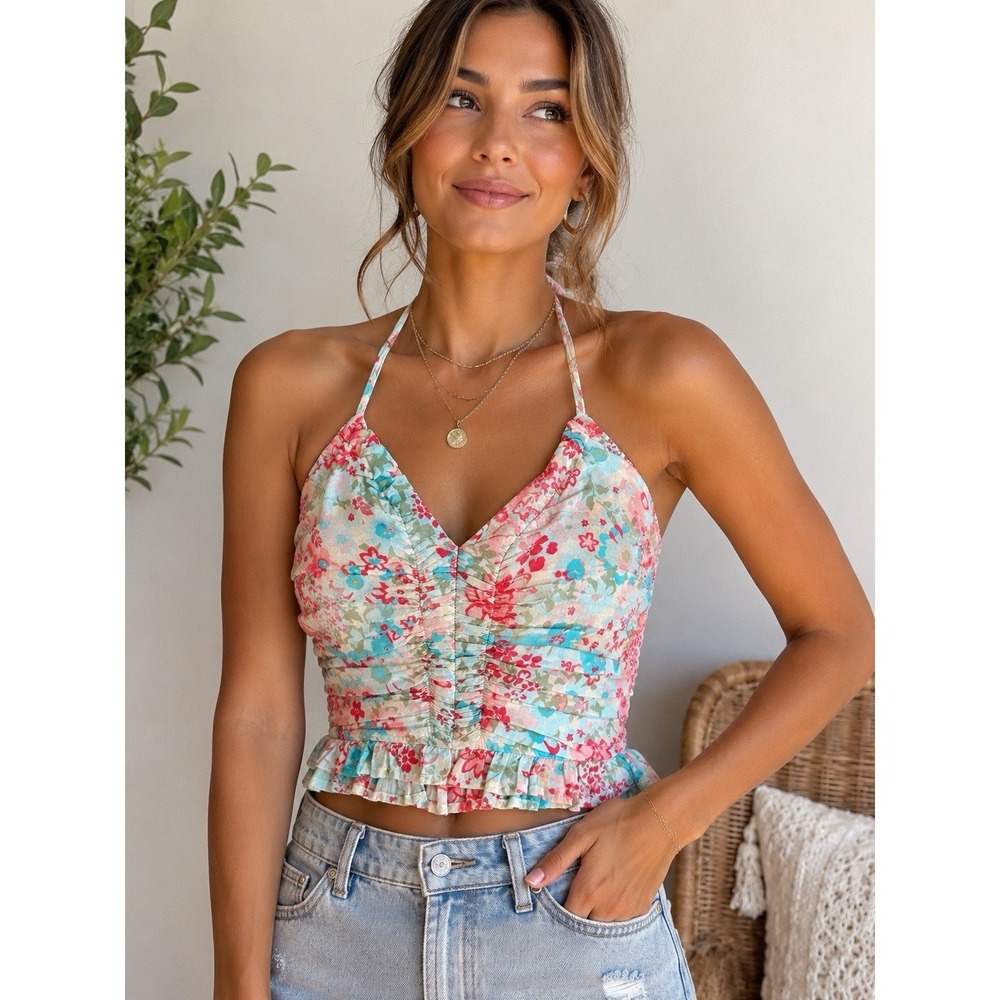 American Eagle Floral Halter Crop Top Smocked Back Ruffle Hem Sz M